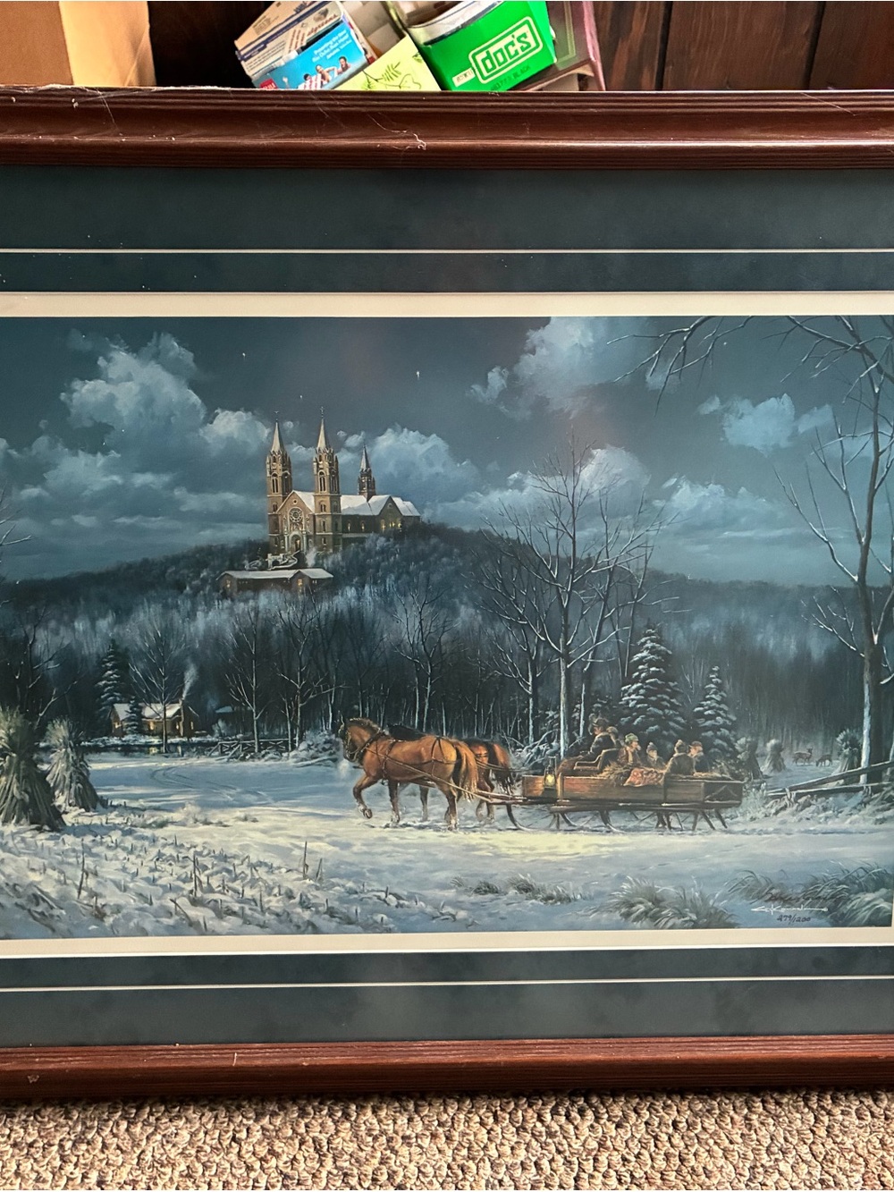 Framed Winter Sleigh Scene Wall Art in Blue